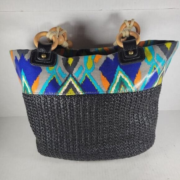 Plum Brand Multicolored Fabric Southwestern Wood Accent Woven Shoulder Handbag - Picture 7 of 12